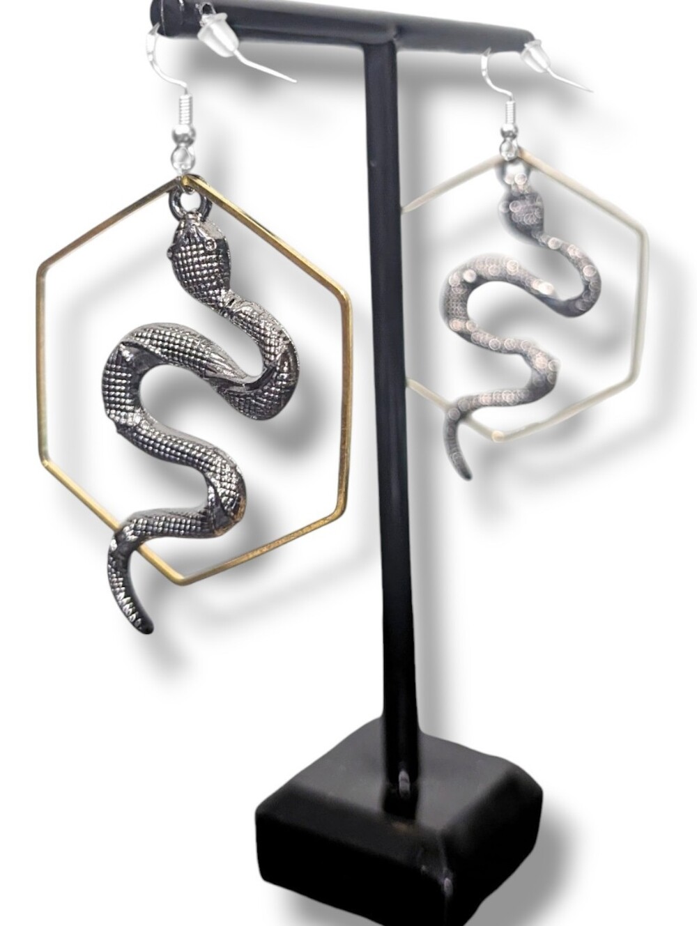 NWT Handmade Silver Snake And Gold Hexagon Dangly Layered Earrings